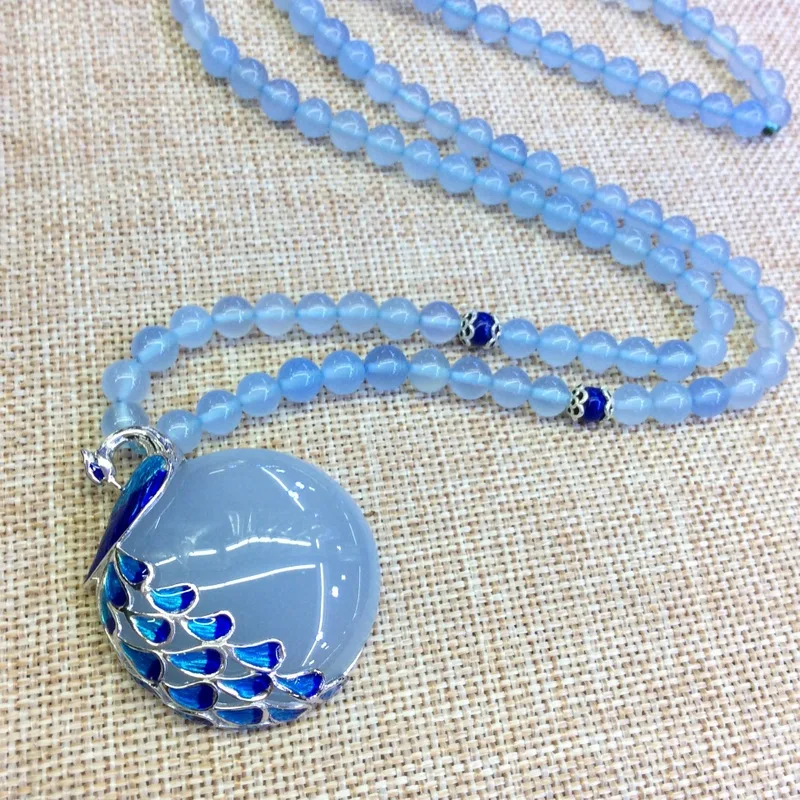 

s925 Silver inlaid pure natural Blue Chalcedony delicate peacock Phoenix Pendant sweater chain