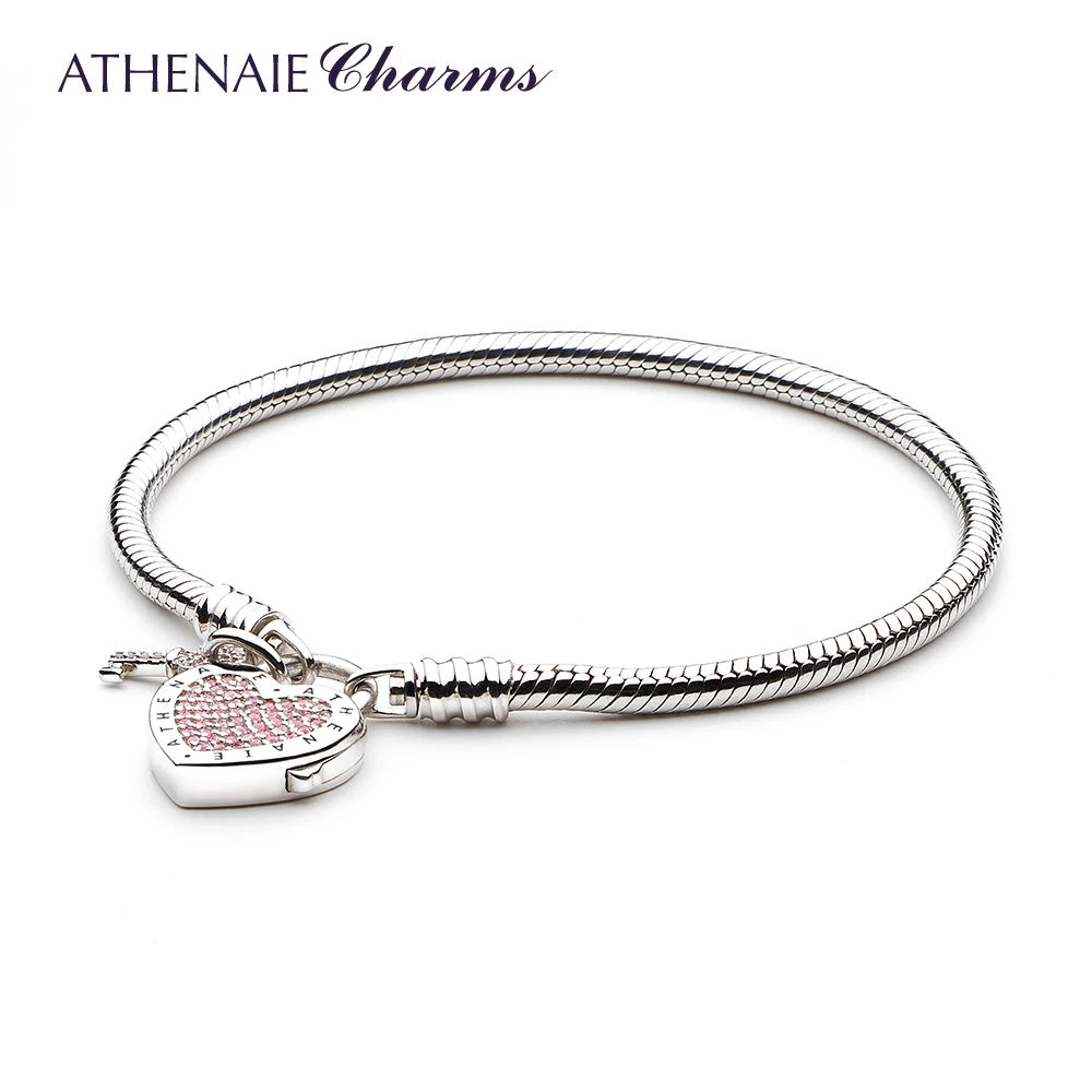 

ATHENAIE 925 Sterling Silver Love Snake Chain Charms Bracelet & Bangle with CZ Lock of Heart Clasp Fit Women Wedding DIY Jewelry
