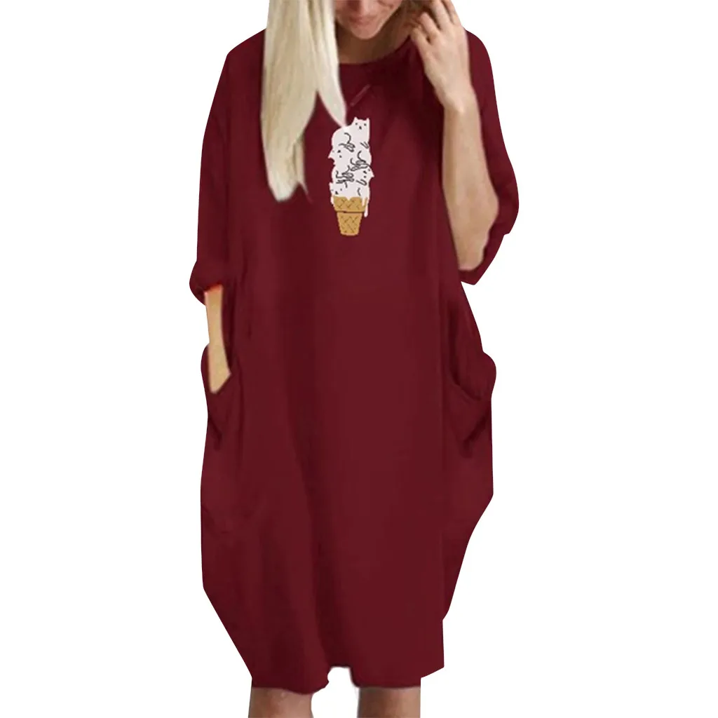 Свободное удобное женское однотонное платье большого размера с длинными рукавами и круглым вырезом и карманом с принтом мороженого летнее Повседневное платье для улицы