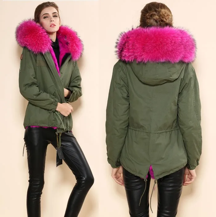 Большой меховой воротник куртка женская армия зеленый Роза Красная Подкладка искусственная Меховая куртка Зимние женские пальто