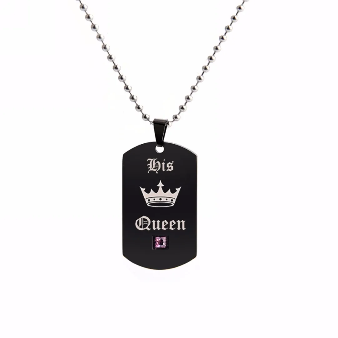 His and Her His Queen Her King Lover Couple Dog Tag Pendant Necklace Gift