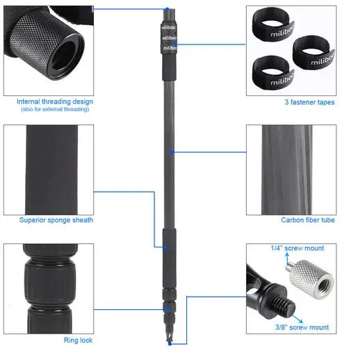 Boom de Fibra de Carbono Miliboo Microfone Leve Telescópica Micro Boom Pole Mount Holder Suporte Entrevista Filmagens 300 cm - 9.9ft - Image 4
