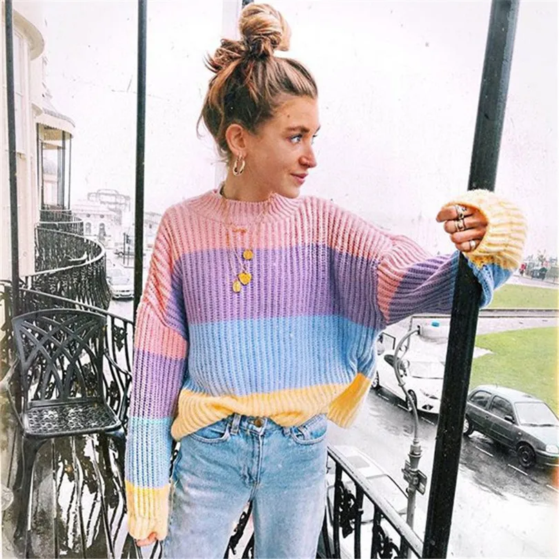 

Runway Women Rainbow Striped Pullover Sweaters 2018 New Winter And Autumn Fashion Colorful Oversized Loose Knit Jumpers