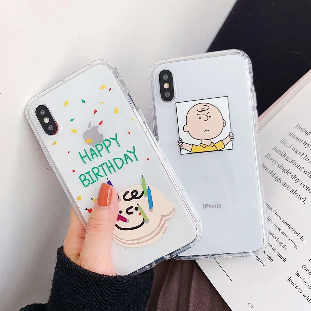 Cartoon anime Charlie Brown birthday party phone case For iPhone 8 7 6 6s Plus X XR Xs 11 pro Max Fun clear soft TPU back cover |