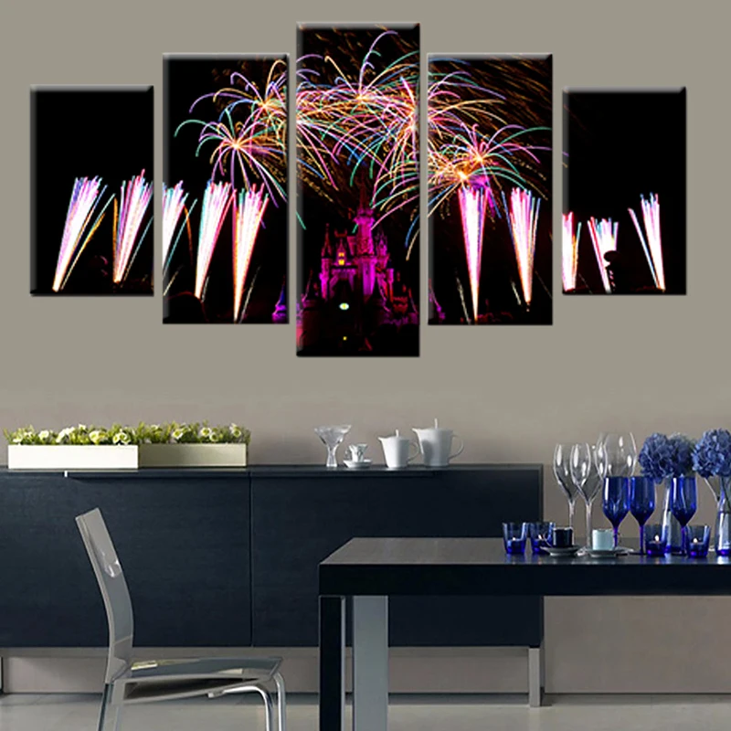 

HD Print 5 Panel Christmas Castle Fireworks Picture Poster Living Room Home Decor Modern Painting Wall Art Modular Canvas