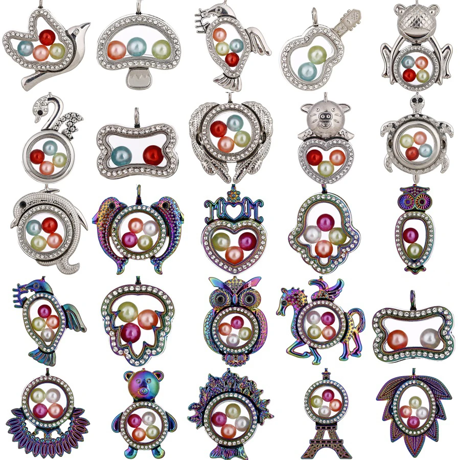 

Mixed Animal Floating Living Memory Locket Pendant fit 8mm Beads Pearl Cage Photo Charms Pendant with Steel Chain Necklace or no
