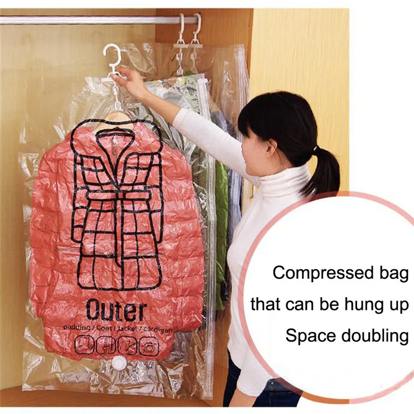 Side pull Hanging Transparent Vacuum Storage Bag Compression Bag Hook Clothes&4j14