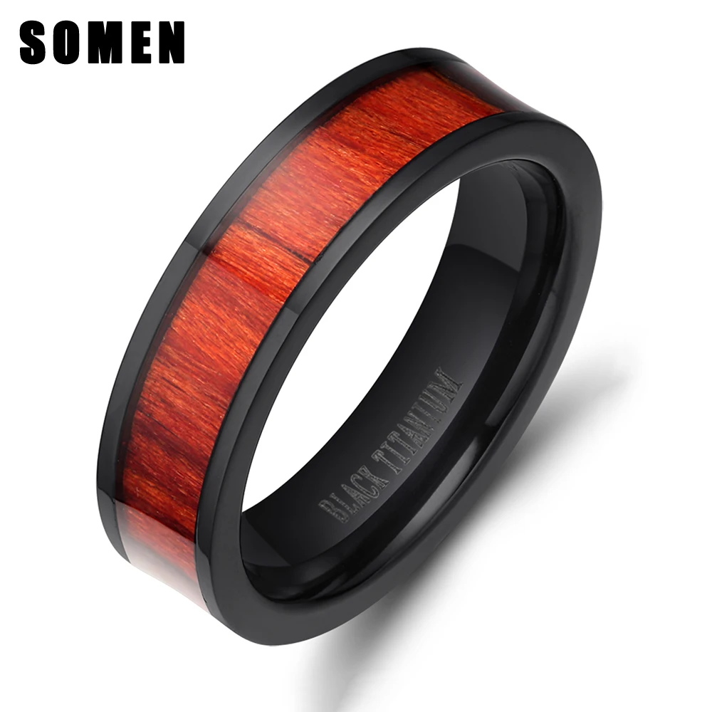Retro 8mm Red Wood Ring Black Titanium Engagement Rings