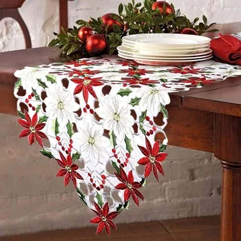 

Christmas Embroidered Table Runner Poinsettia Holly Leaf Table Linens Decoration Floral table flag crochet table runner