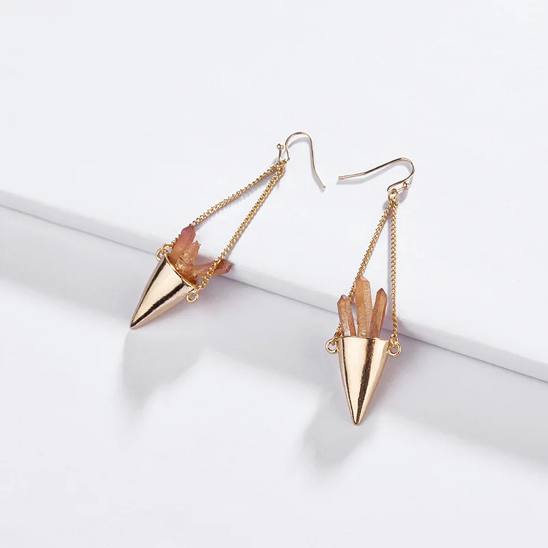 

Irregular Shaped Natural Stone Dangle Earrings Gold Color Crystal Column Alloy Cone Earrings For Women