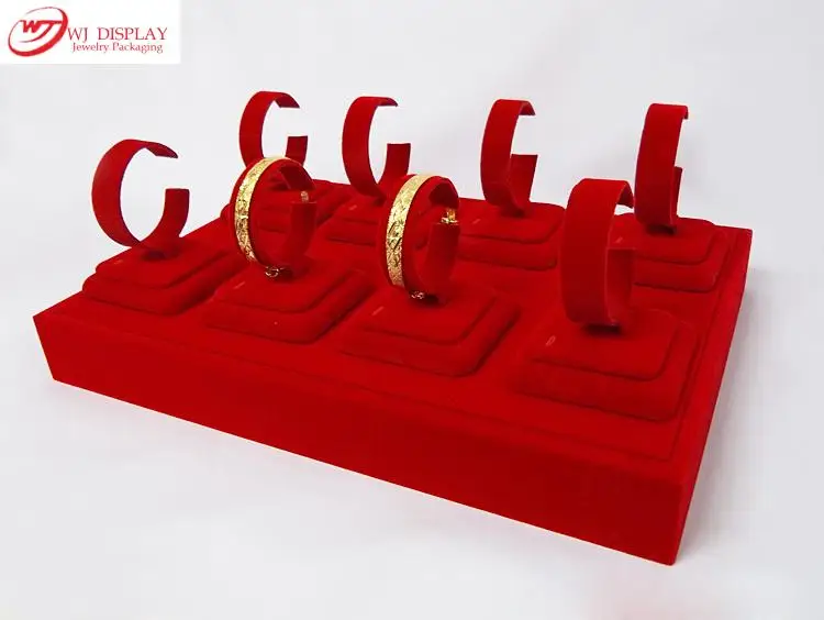 

Red Velvet/Wooden 8 C Stand Holders Rack Jewellery Display Showcase Portable Tray For Gold Bracelet Bangle Anklet Organizer Set
