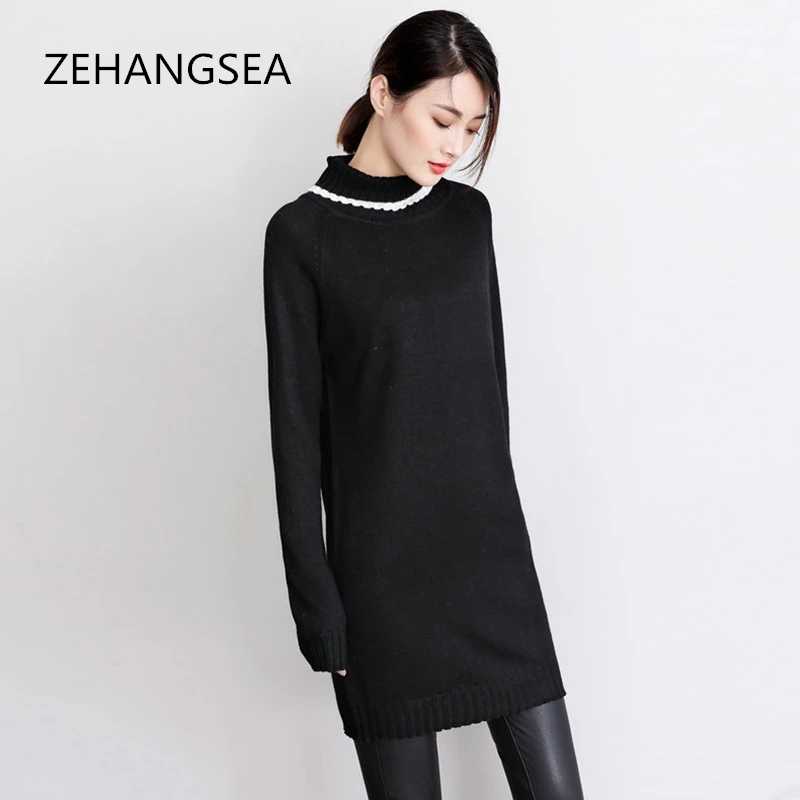 Autumn new high collar long section warm cashmere sweater solid color long sleeve loose large size fashion comfortable sweater