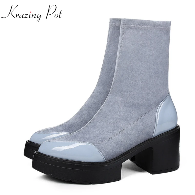 

Krazing Pot hot sale Autumn velvet shoes genuine leather pointed toe high heels stretch boots platform modern ankle boots L1f1