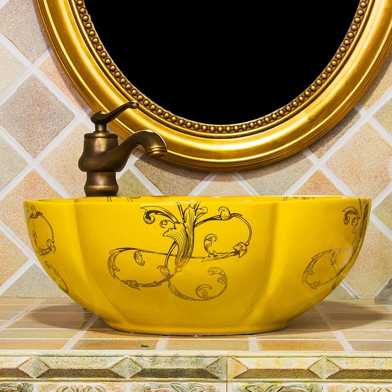 Round Flower shape Bathroom Lavabo Ceramic Counter Top Wash Basin Cloakroom Hand Painted Vessel Sink coloured bathroom basins (2)