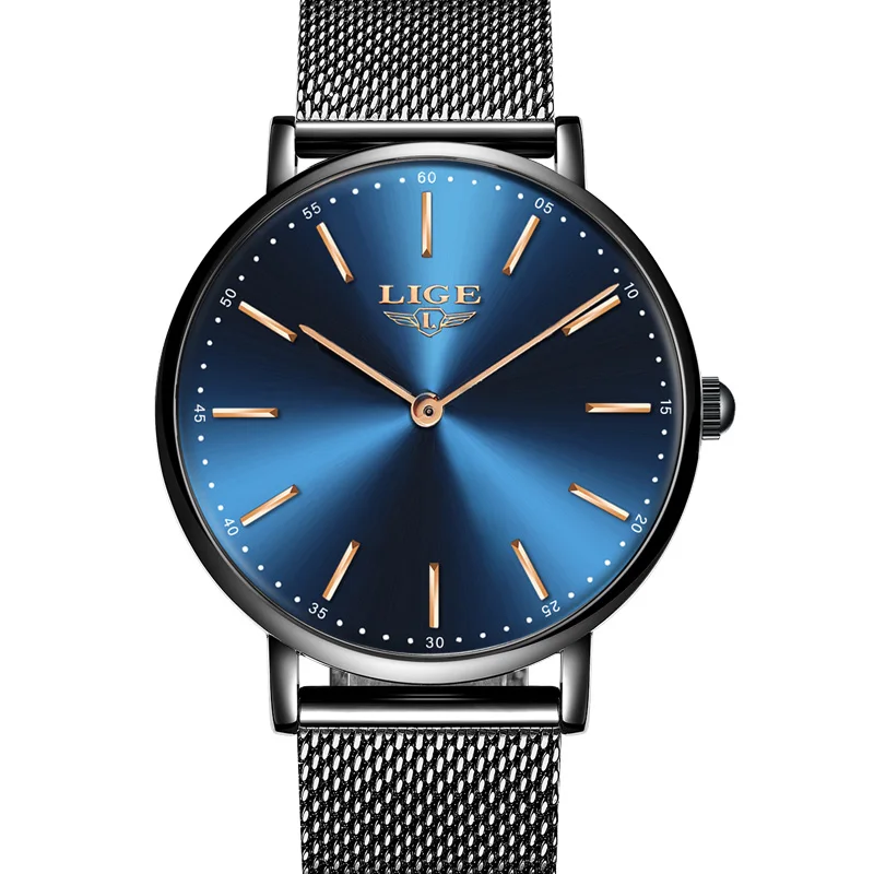 Relogio Masculino LIGE новые мужские s часы лучший бренд класса люкс модные ультра тонкие кварцевые часы бизнес водонепроницаемый подарок золотые часы для мужчин - Цвет: All black blue
