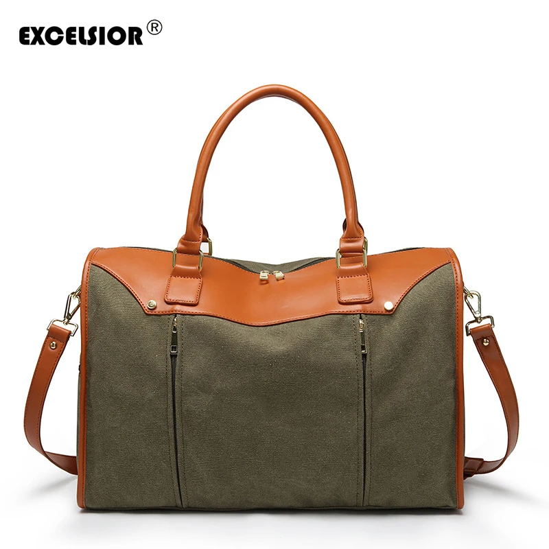 

EXCELSIOR Casual Stripe New Green Canvas Travel Bag Large Capacity Men Hand Luggage Weekend Bag Women Multifunctional Travel Bag