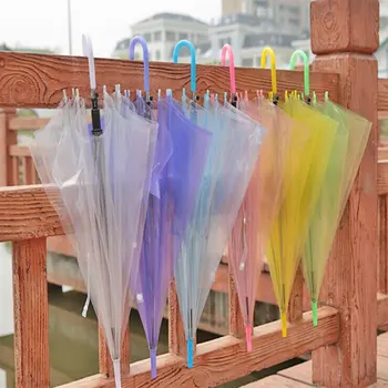

New Portable Transparent Clear Umbrella Long Handle Semi-Automatic Straight Stick Colorful Umbrellas Raining Waterproof Supplies