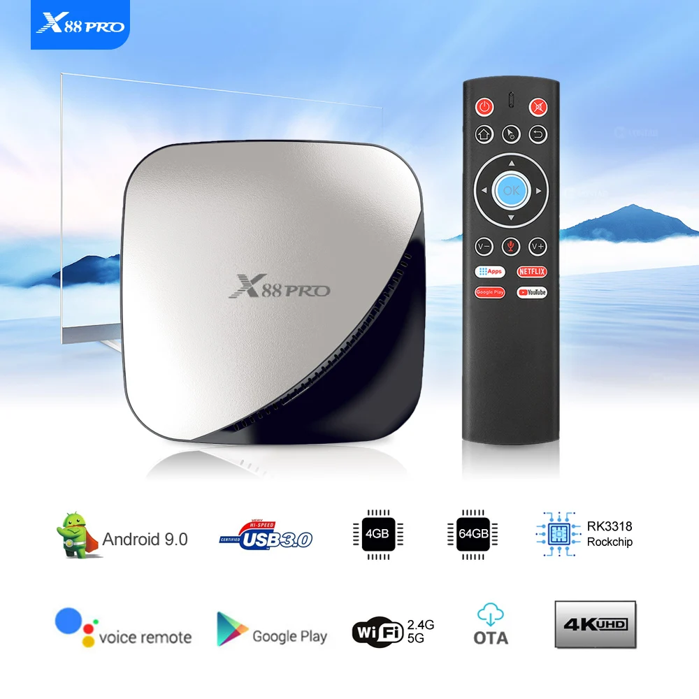  X88 PRO Android 9.0 TV Box Rockchip RK3318 4GB 64GB 2.4G 5GHz Dual Wifi USB3.0 4K 60fps Set Top Box