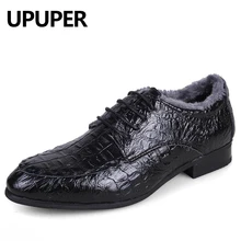 Winter Men s Business Flats Genuine Leather Men Dress Shoes Warm Pointed Toe Crocodile Pattern Formal