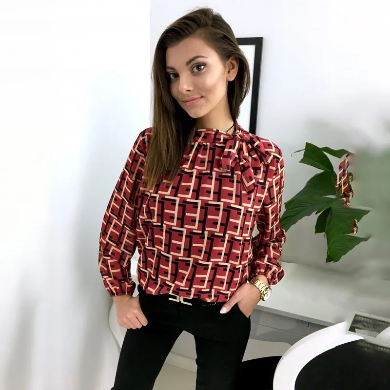 

BEFORW Women Elegant Bow Tie Blouse Shirt 2019 Spring Ladies Letter Print Long Sleeve Chiffon Blouses Tops Casual Shirts Blusas