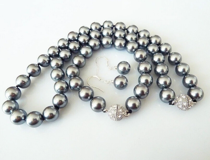 

07647 Gray South Sea Shell Pearl Necklace Bracelet Earring Set