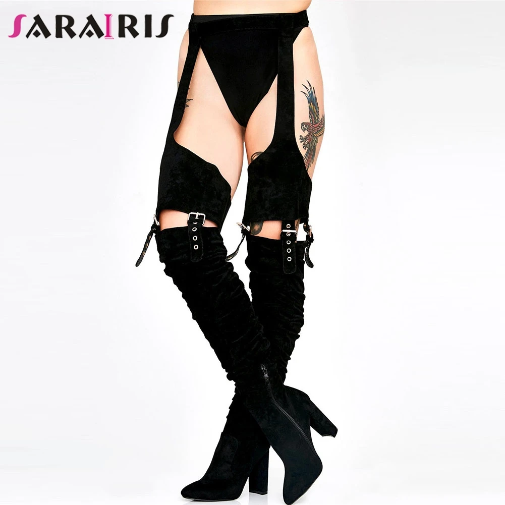 

SARAIRIS New Plus Size 48 Thigh High Over The Knee Boots Flock High Heels Boots Strap Shoes Woman Party Sexy Boots For Women