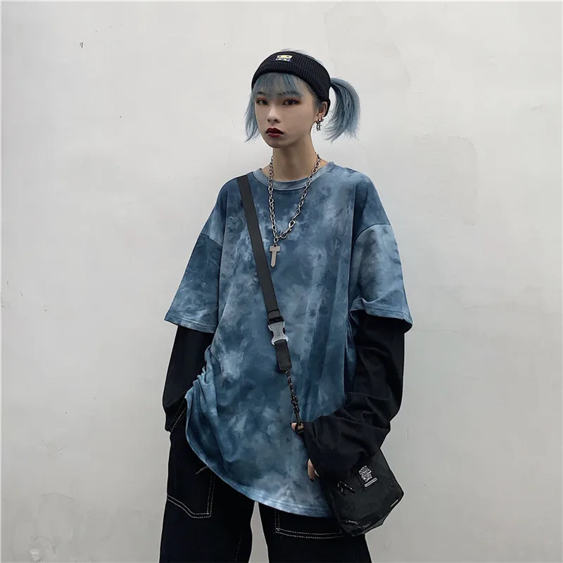 Личи Harajuku в стиле пэчворк с длинными рукавами Для женщин толстовка галстуком