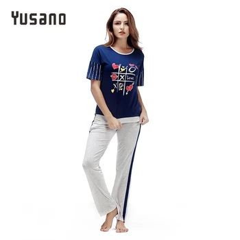 

Yusano 2020 Pajamas Cotton O neck Short Sleeve Pijama De Unicornio Print Stripe Black Blue (T shirt +Long Pants) Sleep Nightwear