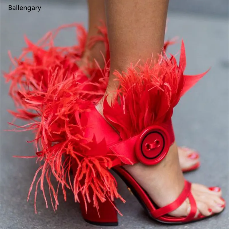 

Sandalias Mujer 2018 Pink Red Black Feather Sandals Block High Heels Ankle Wrap Sandals Women Runways Fashion Women Shoes