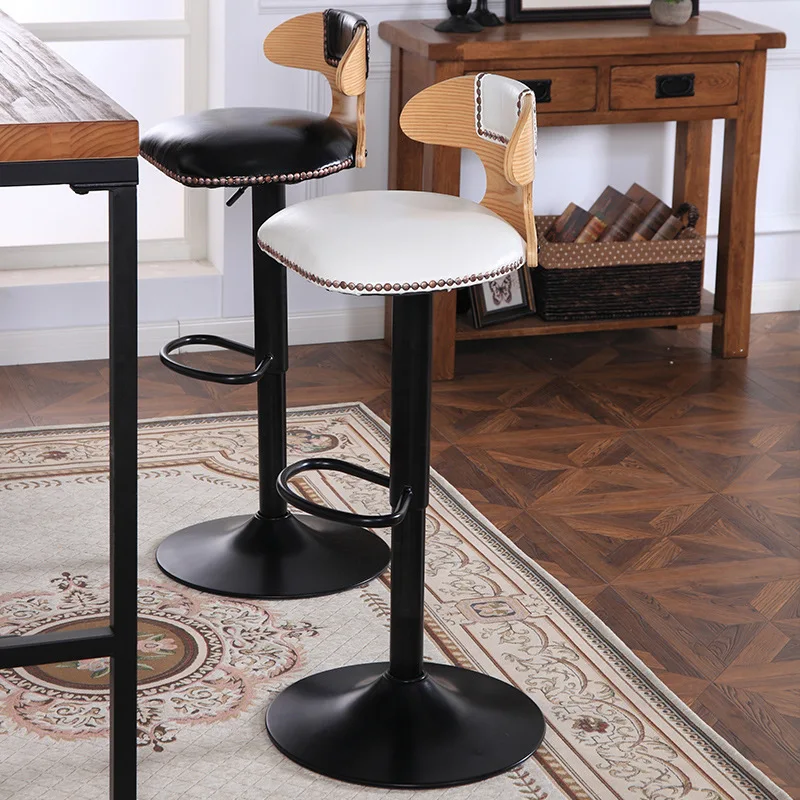 Lifted Bar Chair Solid Wood Backrest Rotated Front Desk High Stool with Footrest Wooden Multi-function Household Bar Stool