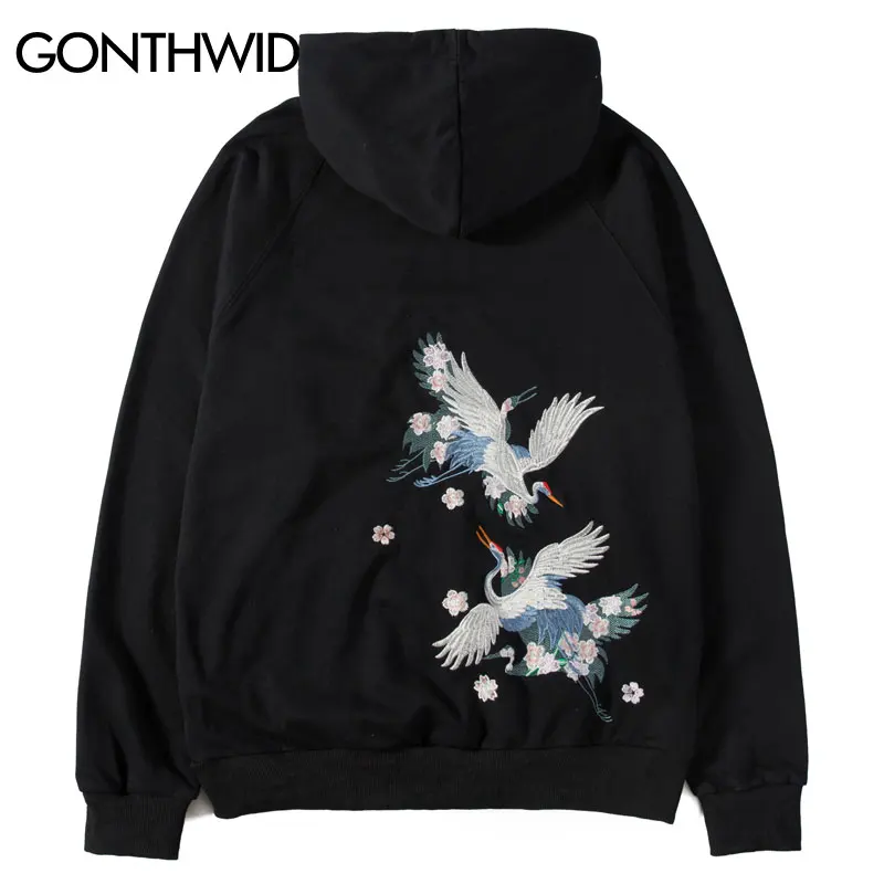 

GONTHWID Embroidered Cranes Cherry Blossoms Thin Sweatshirts Pullover Hoodies Harajuku Streetwear Hooded Sweatshirt Casual Tops