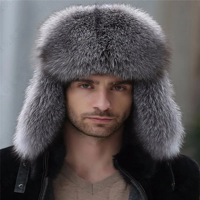 

Fox fur men's hat winter plush warm earmuffs hat leather fur snow ski cap
