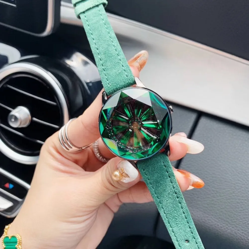 Очень красивые женские часы с зелеными кристаллами, граненые Звездные часы, вращающиеся цветы, водонепроницаемые часы с кожаным ремешком, вращающиеся часы Montre