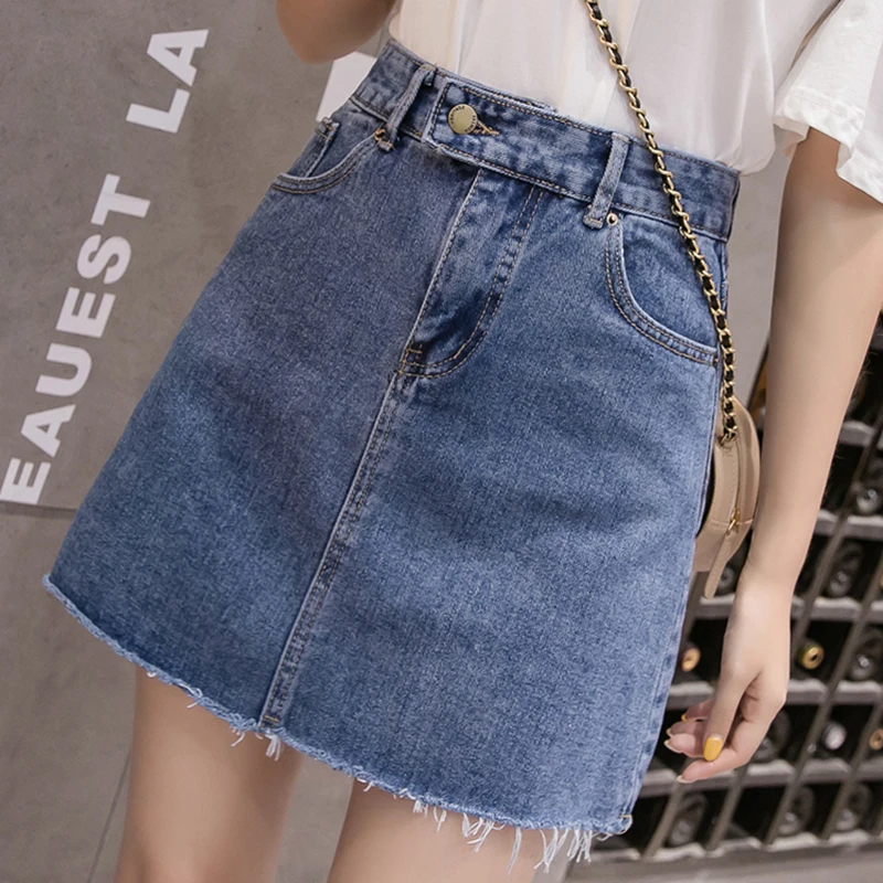 

Denim Skirts Women Summer High Waist Jean Skirt Fashion Hem Frayed A Line Mini Saia Jeans Korean Style Casual Pockets Skirt