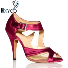HXYOO Women Customizable Latin Salsa Dance Shoes Professional Girl Ballroom Mesh Satin Shoes Soft Sole Fuchsia Black GM001