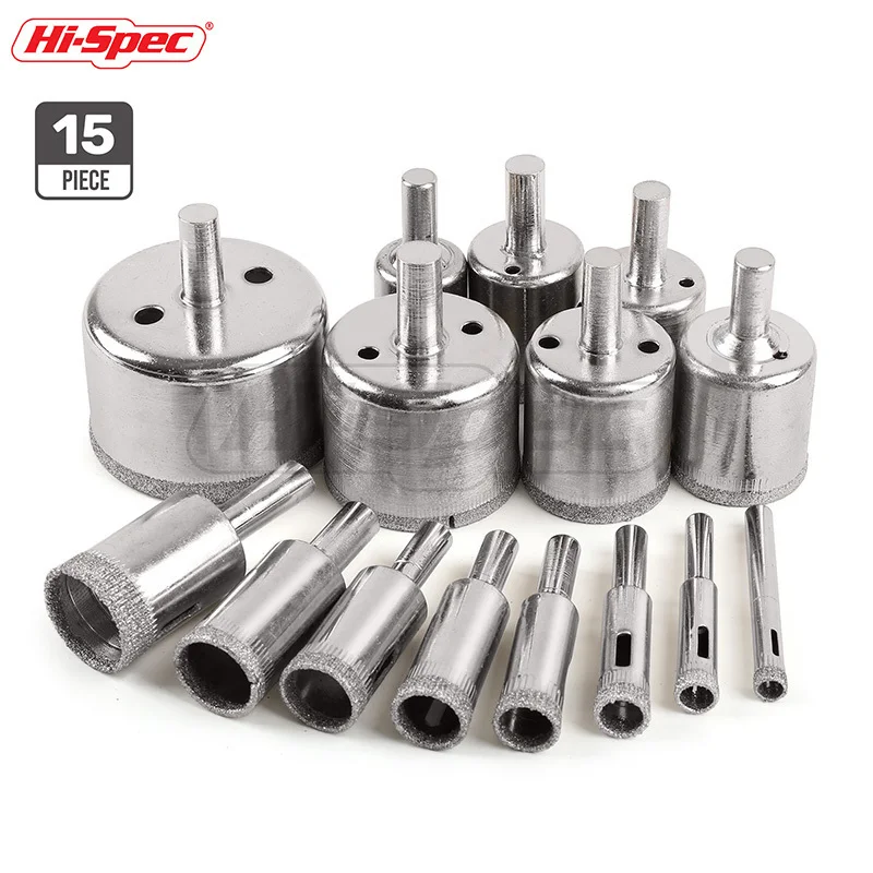 Hi-Spec 15pc 6-50mm Diamond Coated Drill Bit Set Tile Marble Glass Ceramic Hole Saw Drilling Bits For Power Tools TT002 Hi-Spec 15pc 6-50mm Diamond Coated Drill Bit Set Tile Marble Glass Ceramic Hole Saw Drilling Bits For Power Tools TT002