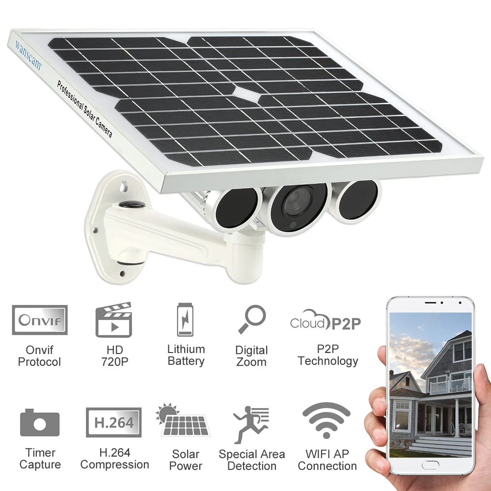 Solar & Battery Power Bullet Wifi Camera Wireless 720P Security IP Cameras 1/2" CMOS 100m IR-CUT Night Vision Waterproof Onvif