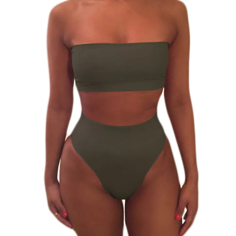 

GUT01 Swimwear Women High Waist Bikini Swimsuit Solid Bikini Set Maillot De Bain Femme 2019 Hot Bathing Suit Olive Top
