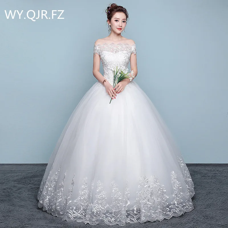 

XXN070#Ball Gown Boat Neck plus size lace up white wedding dress Embroidered Lace on Net wholesale long women dresses Custom