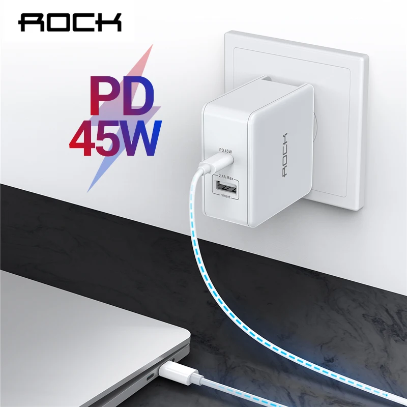 

PD 45W Dual USB Charger Quick Charge , ROCK US Plug for iPhone XS Max XR X 8 plus Type C USB PD Fast Travel Phone Charger