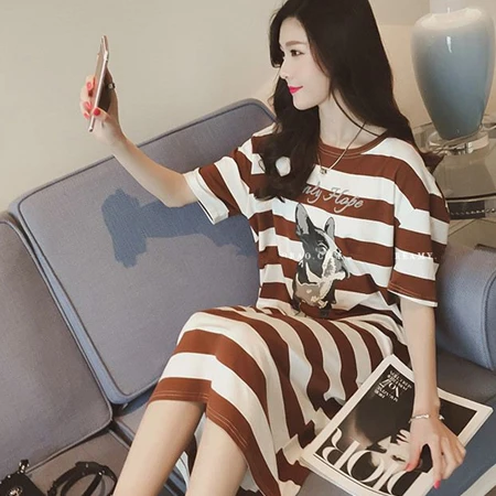 Khaki stripe Милое Платье в полоску цвета хаки с принтом щенка; большие размеры 3xl; свободное летнее платье; коллекция года; Одежда для беременных; одежда оверсайз - Цвет: Khaki stripe