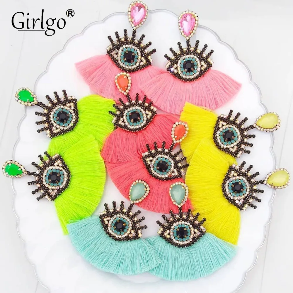 

Girlgo 2019 Ethnic Crystal Luxury Fringed Tassel Earrings for Women Bohemian Wedding Hanging Drop Earrings Party Bijoux Jewelry