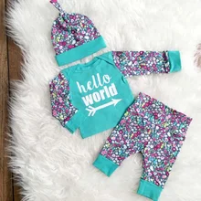 Модный комплект одежды с принтом для девочек, комплект из 3 предметов для малышей, футболка с длинными рукавами+ штаны+ шапка, Одежда для младенцев