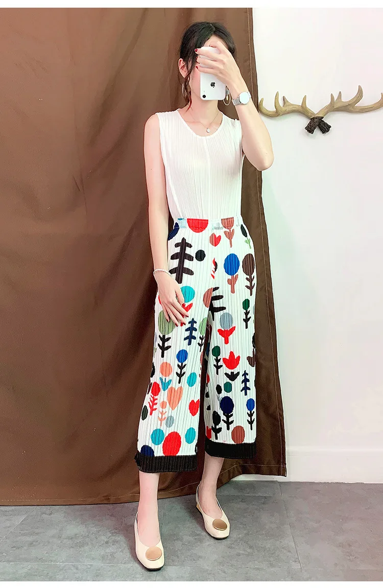 LANMREM new summer and autumn fashion women pleated Japan styles vintage clothes high waist printed trousers WH35300