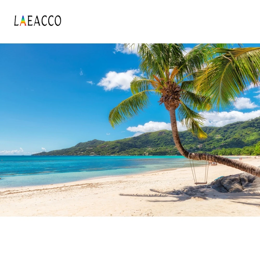 

Laeacco Seaside Beach Blue Sky Hammock Backdrop Photocall Photography Background Customized Photographic Backdrops Photo Studio
