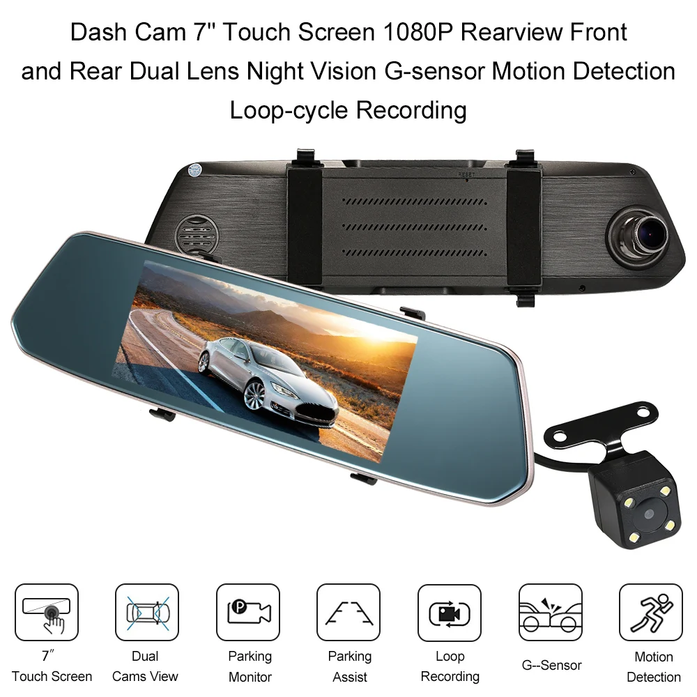 

7" Rearview Mirror Car DVR 1080P Touch Screen Dash Cam Driving Recorder Front and Rear Dual Lens Motion Detection Loop-cycle