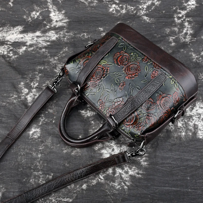 Женская сумка-тоут из натуральной кожи, Женская винтажная тисненая сумка с верхней ручкой, женская сумка через плечо с рисунком розы, сумки-мессенджеры