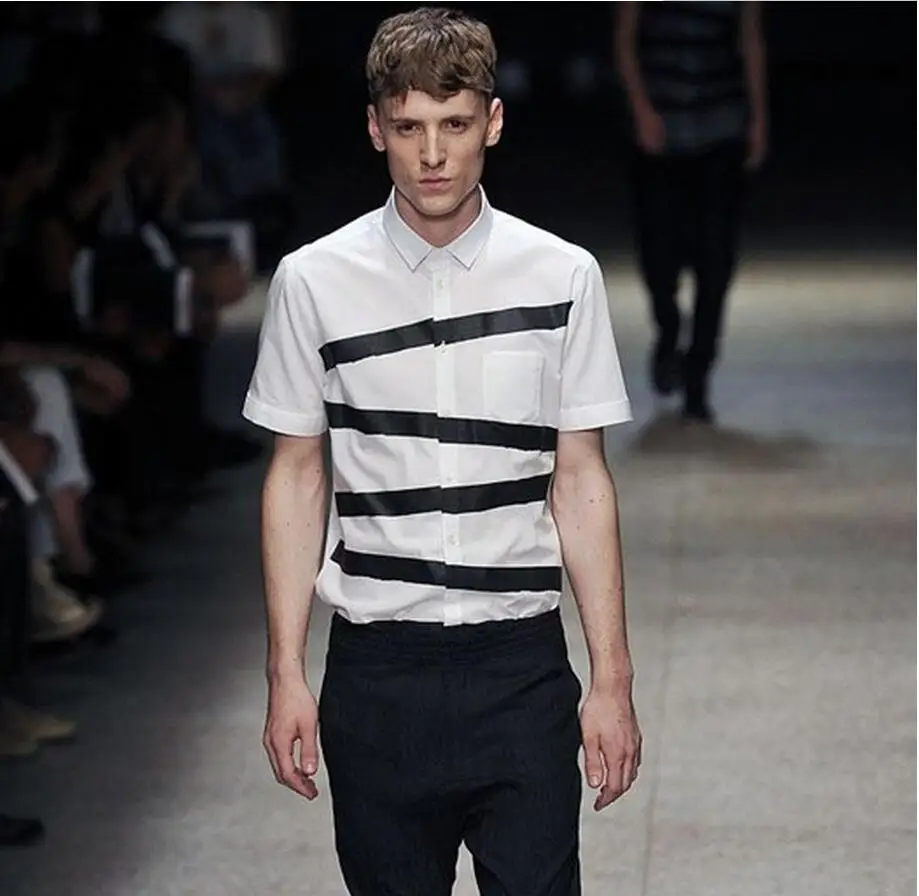 

S-5XL ! 2017 New Men's clothing fashion Hair Stylist Catwalk Street English wind black stripe shirt PLUS SIZE Singer costumes