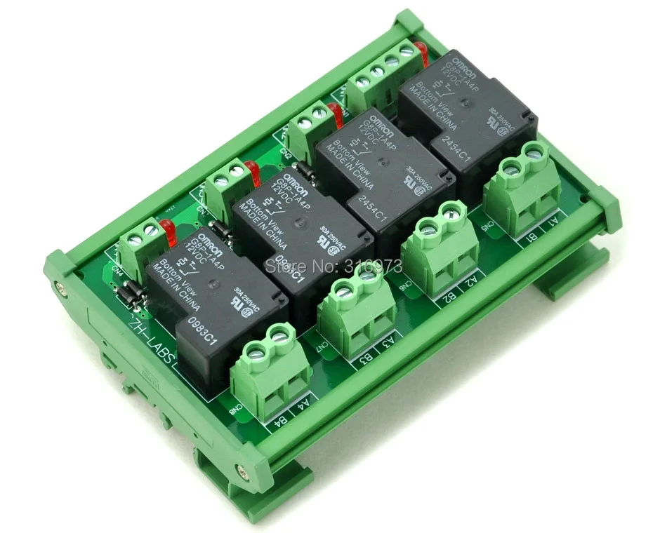 

CZH-Labs DIN Rail Mount 12V Passive 4 SPST-NO 30Amp Power Relay Module.
