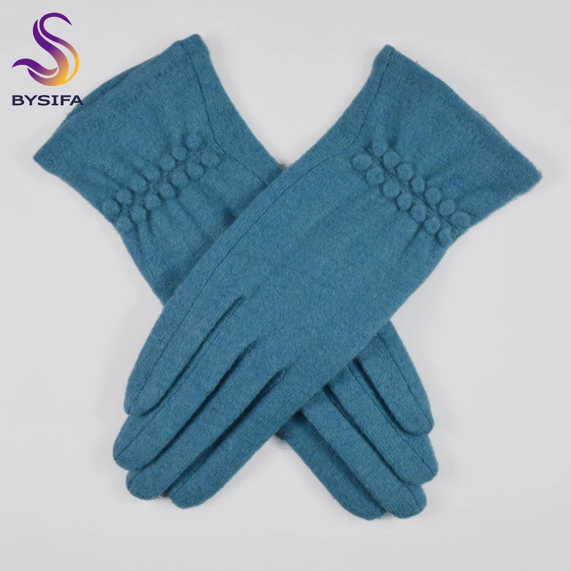 [BYSIFA] Winter Women Cashmere Gloves Fashion Simple Lake Blue Mittens Gloves Soft Warm Slim Touch Screen Ladies Wool Gloves 